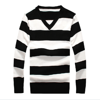 尧莱 2014新款韩版帅气<em>条纹</em>拼接修身男士<em>V领</em>