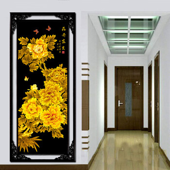 
                                        芙林达（FULINDA） 精准印花十字客厅新款棉线花开富贵黑底3d玄关竖版牡丹花十字绣 精准印布丝线58*139 满绣                