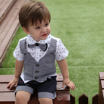 儿童男童绅士领结<em>马甲</em>衬衣套装男<em>宝宝</em>短袖套装