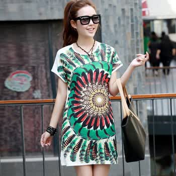 韩都衣舍 韩国2012女装夏季新款图案印花中长款T恤LD2027 绿色 均码