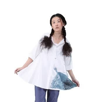 茵曼INMAN女装纯棉宽松中长款七分袖衬衫女印B10020 白色 XXL