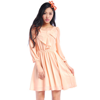 2012春夏新款 纯色圆领蝴蝶结收腰连衣裙女 I121L0279 杏色 XXL