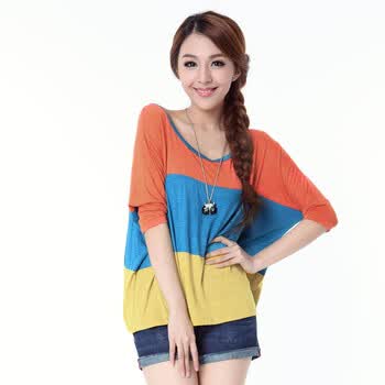 O.SA2012夏装新款韩版女装时尚蝙蝠袖宽松条纹短袖T恤 ST21422 橙色 XXL