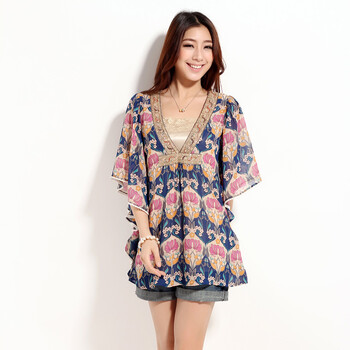 SHOPING PLAN 2012夏装新款民族风大码碎花雪纺衫 宫廷复古蕾丝雪纺上衣 29005 紫色 L