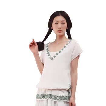茵曼INMAN 2012夏装新款亚麻短袖v领衬衫女 MQ8892 白绣绿花 XL