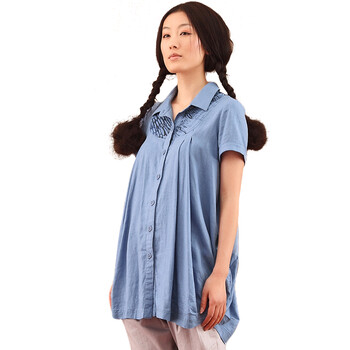 INMAN茵曼2012夏新款立体裁剪麻料印花衬衫822013261 蓝色 XXL