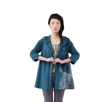 茵曼INMAN女装纯棉宽松中长款七分袖衬衫女印B10020 绿色 XXL