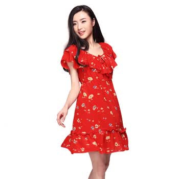 婉甸wandian都会淑女红色高腰印花桑蚕丝连衣裙1112289010 红色 L