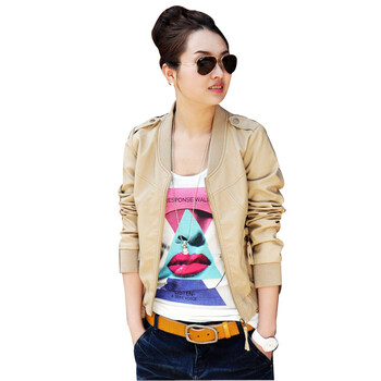 2012 QHON新款 简约休闲时尚韩版罗纹圆领女短款皮衣外套 米色 XL