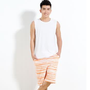 朗绪2012夏新款男式条纹纯棉短裤套装家居服睡衣 221259 橘白格 XXL