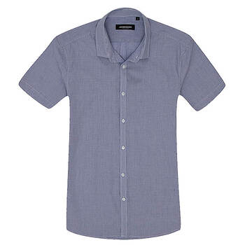 约翰逊JOHANSSON男式全棉色织格短袖衬衫 修身不水洗J12SS1013 蓝色 XL