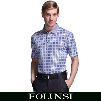 佛伦斯FOLUNSI 男装夏款 格纹翻领短袖T恤102334-23，41，67 天蓝色 54/XXL