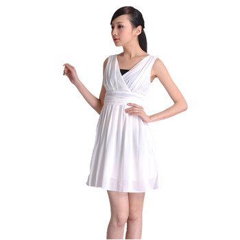 维妮 VINEY 韩版夏季新款女装裙子大码可爱双V领无袖长裙红色伴娘雪纺无袖连衣裙71023 白色 XL