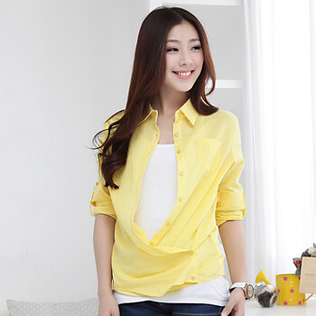 韩都衣舍 韩国2012夏装新款韩版女装衬衫纯色翻领长袖衬衫GY0098 黄色 M