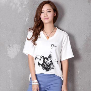 韩都衣舍 2012韩国夏季新款韩版女时尚图案圆领短袖T恤HG2074 象牙色 M
