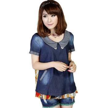 TUOYI2012新款夏装韩版短袖 时尚 纯色 短袖 圆领牛仔拼雪纺衫YF2F/2288 825 橘红花 XL