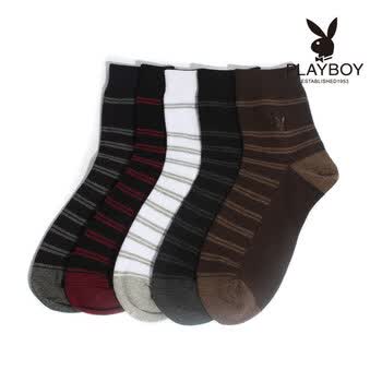 PLAYBOY 花花公子男士纯棉袜时尚经典条纹商务男短筒袜子1097 黑/红 均码