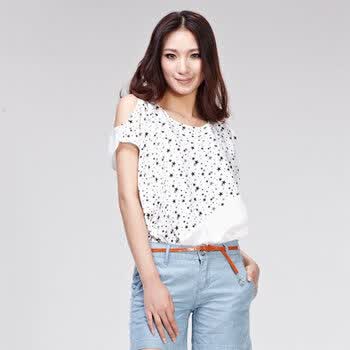Giordano佐丹奴 衬衫 女满天星雪纺绸秀肩T恤 01342036 白色 均码