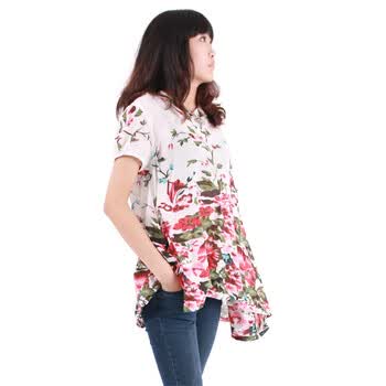 YISESE衣色色全棉薄款淑女印花洋装连帽V领波浪下摆唯美长款蕾丝衫Y0617 玫红 大均码XL(适合80-90胸围)