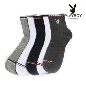 PLAYBOY 花花公子 男式棉袜可爱兔头织花吸湿排汗短筒男士袜子1099 白/灰 均码