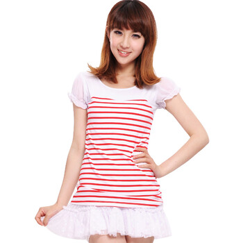 ranzukiy 2012夏装新款 条纹修身 女装 短袖T恤两件套配挂链WA15701 红色 L