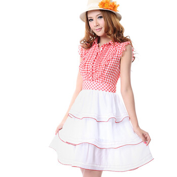 O.SA2012夏装新款韩版女装格纹拼接雪纺连衣裙SL23131 红色 XL