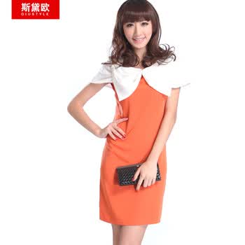 qiustyle新款夏装淑女修身圆领拼接显瘦气质连衣裙1282 温馨桔 XL