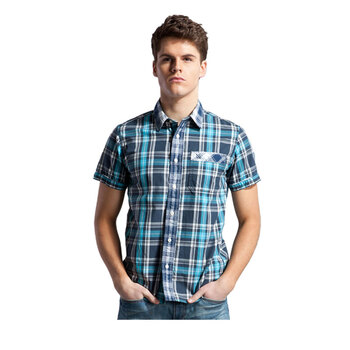 七匹狼SWJEANS男装 时尚蓝格短袖衬衫171220504303 深蓝色 56A 185/100 XXL