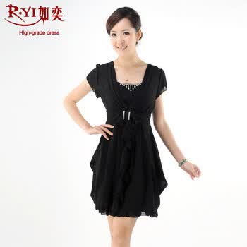 如奕正品 2012新 夏 修身时尚雪纺连衣裙 黑色 XL