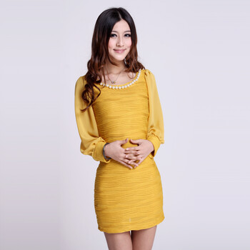 如奕正品 2012春夏 新款 女 修身 包臀 订珠连衣裙 黄色 XL