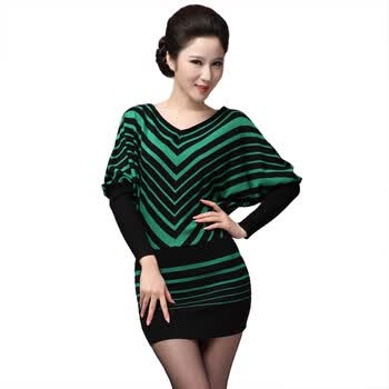 波特唐2012春装新款女装连衣裙 欧美大牌显瘦包臀条纹针织衫毛衣蝙蝠1652 绿色 均码
