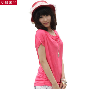 艾得米兰 宽松韩版短袖t恤 女 显瘦蕾丝镂空短款蝙蝠衫莫代尔送妈妈的礼物WW009 西瓜红 均码