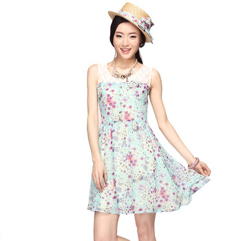 婉甸wandian婉约淑女绿色蕾丝拼接印花连衣裙1112597006 蓝底彩花 L