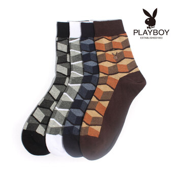 PLAYBOY 花花公子 精梳纯棉菱形格子休闲短筒男袜透气保健袜子2147 咖啡/土黄 均码
