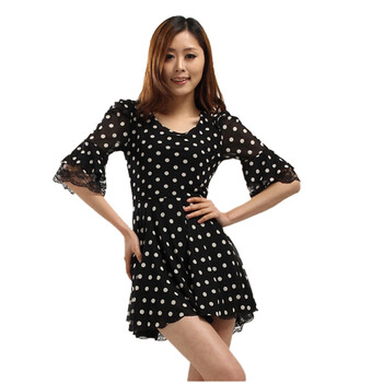 维妮 VINEY 波点新款韩版圆点修身连衣裙71022 橘色波点 L