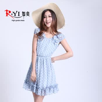 如奕正品2012夏新款 女 波点 清新可爱 修身连衣裙 天蓝色 XL