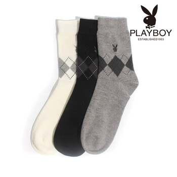 PLAYBOY 花花公子新款抗菌吸汗菱形提花商务休闲男士中长筒袜2118 白色 均码