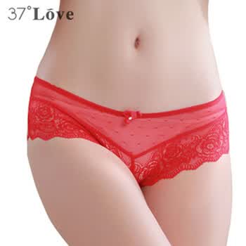 37Love 黑色时尚蕾丝网纱半透明低腰女士内裤三角裤女B13916 中国红 M