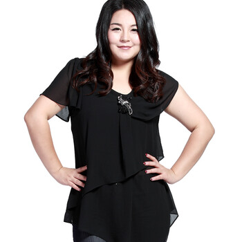 MSSHE加大码女装夏装2012新款水钻宽松款雪纺衫上衣9270 黑色 4XL