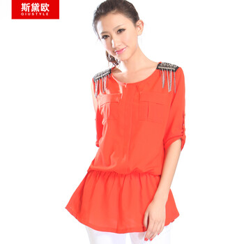 qiustyle新款夏淑女宽松雪纺衫褶皱大码衬衫11111 温馨桔 XL