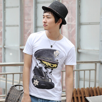 AMH 韩国2012新款夏装男装韩版圆领短袖印花T恤NR2097 白色 180/96A XL
