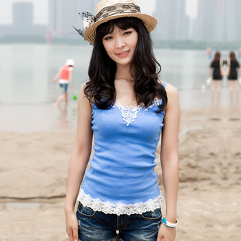 VERI GUDE 2012新款糖果色百搭修身背心 打底吊带衫 罗纹花边蕾丝小吊带 小背心 蓝色 L