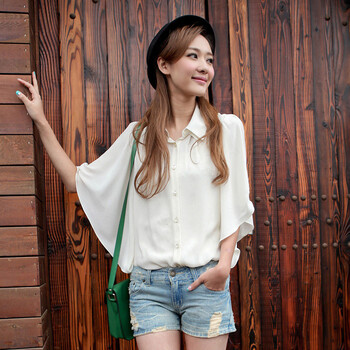 纳纹2012夏装新品女装韩版蝙蝠短袖雪纺衬衫038505S 米白 XL