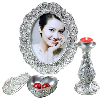 百易尚品 婚纱照的树脂相框摆件像框摆台画框架结婚礼物烛台三件套装