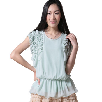 觅雅品质女装 2012夏新款 甜美田园蓝高端收腰层层荷叶边雪纺衫上衣女R12SQ15 水绿色 L