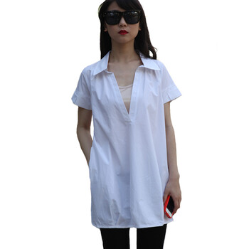 EyesonU 短袖衬衫 女士大码衬衫 休闲衬衫 白格子衬衫 C007 白色 均码