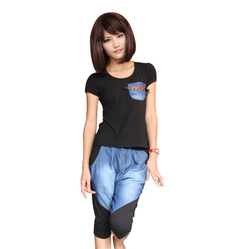 伊雯 夏季新款短袖T恤七分休闲裤两件套套装 女CTZ1282 黑色 XL