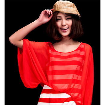 2012夏装新款雪纺 品质女装 条纹女装连衣裙子 夏季 红色 L