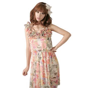 shinena/夏娜 2012夏装新款女装韩版无袖吊带裙 圆点碎花雪纺连衣裙夏季女 1041 粉红色 M