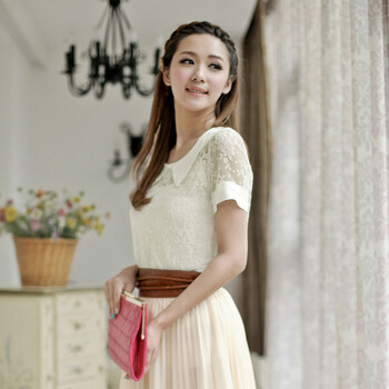 纳纹2012夏装女装雪纺衫短袖韩版蕾丝衫夏季修身雪纺衫女039503X 米白色 L